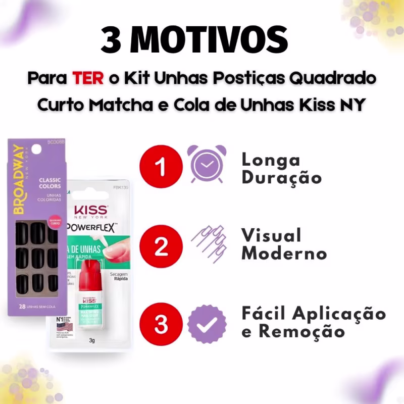 Kit Kiss New York: Unhas Postiças Quadrado Curto Matcha e Cola De Unhas 3g