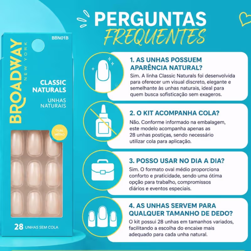 Unhas Postiças Broadway Kiss Ny Classic Naturals Oval Médio Freedom Bbn01b