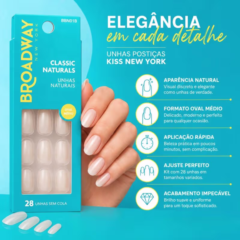 Unhas Postiças Broadway Kiss Ny Classic Naturals Oval Médio Freedom Bbn01b