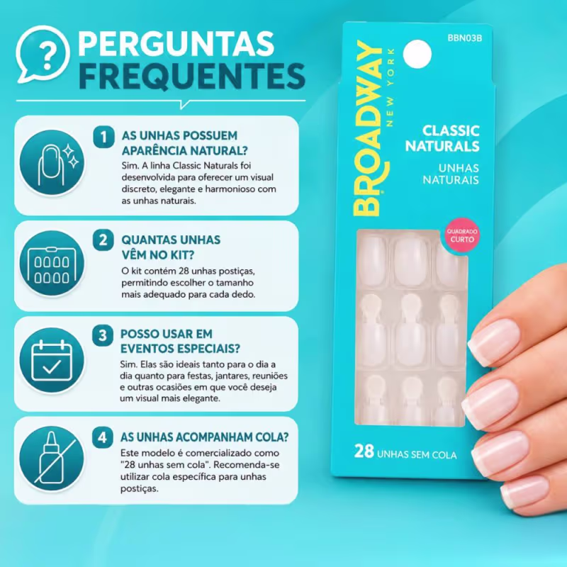 Unhas Postiças Broadway Kiss Ny Classic Naturals Quadrado Curto Courage Bbn03b