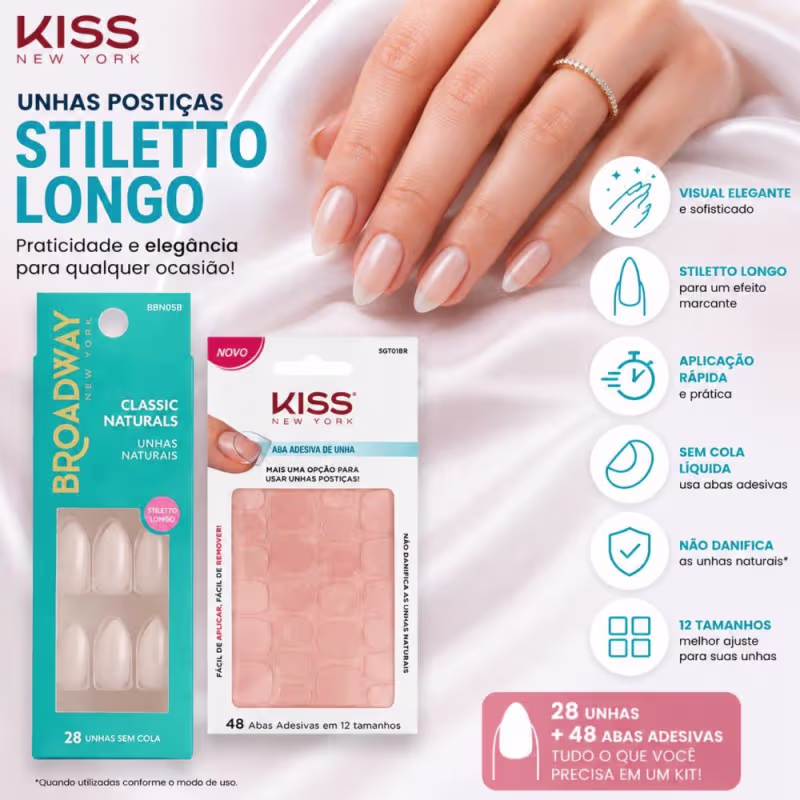 Kit Kiss New York: Unhas Postiças Stiletto Longo Power e Abas Adesivas De Unhas