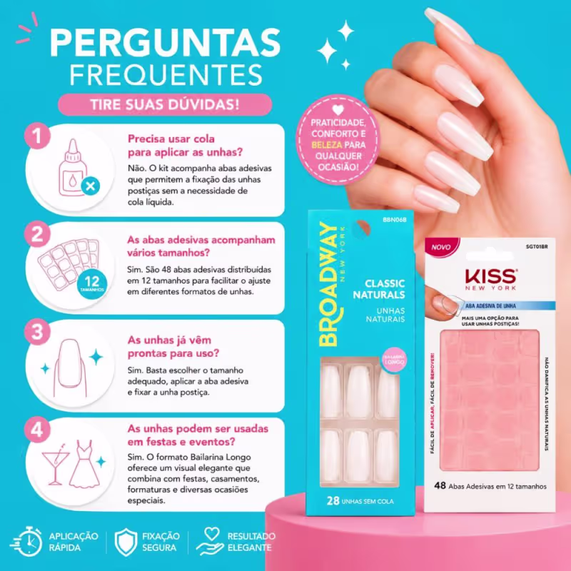 Kit Kiss New York: Unhas Postiças Bailarina Longo Dream e Abas Adesivas De Unhas