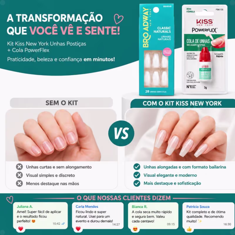 Kit Kiss New York: Unhas Postiças Bailarina Longo Dream e Cola De Unhas 3g