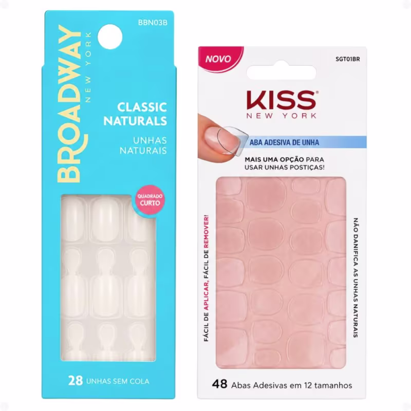 Kit Kiss New York: Unhas Postiças Quadrado Curto Courage e Abas Adesivas De Unhas