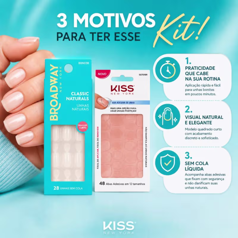 Kit Kiss New York: Unhas Postiças Quadrado Curto Courage e Abas Adesivas De Unhas