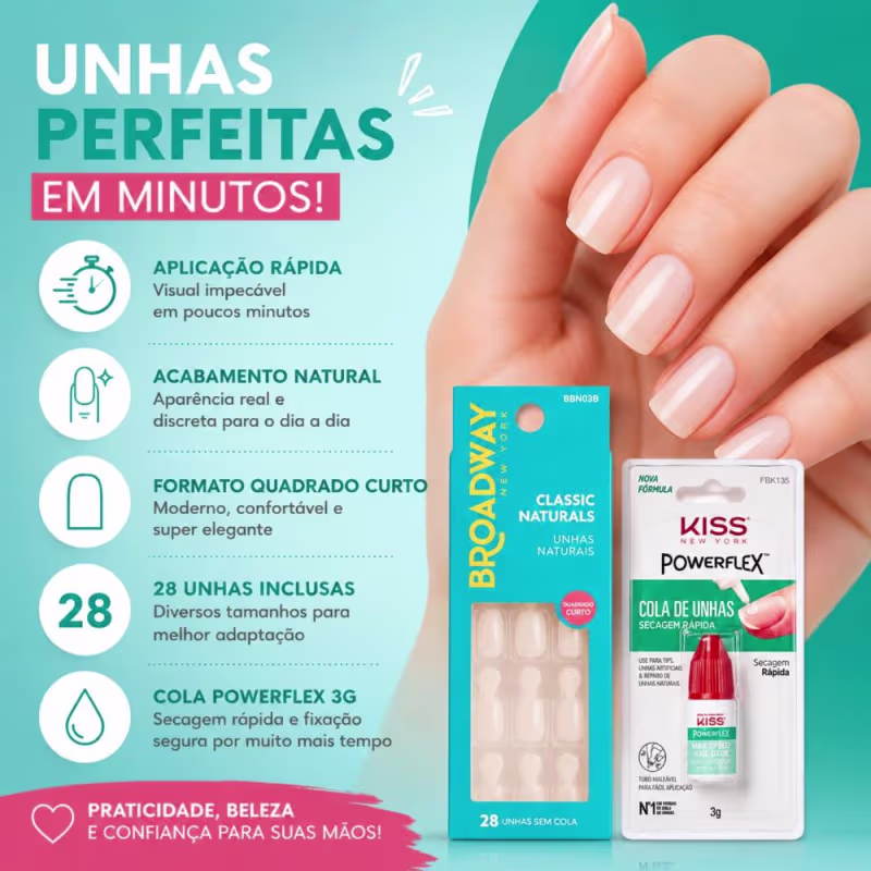 Kit Kiss New York: Unhas Postiças Quadrado Curto Courage e Cola De Unhas 3g