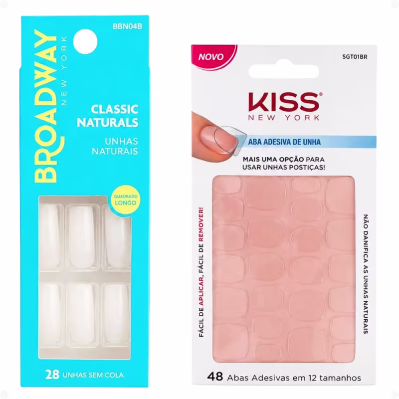 Kit Kiss New York: Unhas Postiças Quadrado Longo No Limit e Abas Adesivas De Unhas