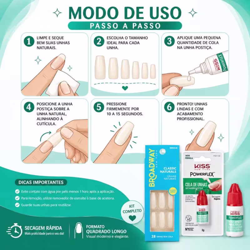 Kit Kiss New York: Unhas Postiças Quadrado Longo No Limit e Cola De Unhas 3g