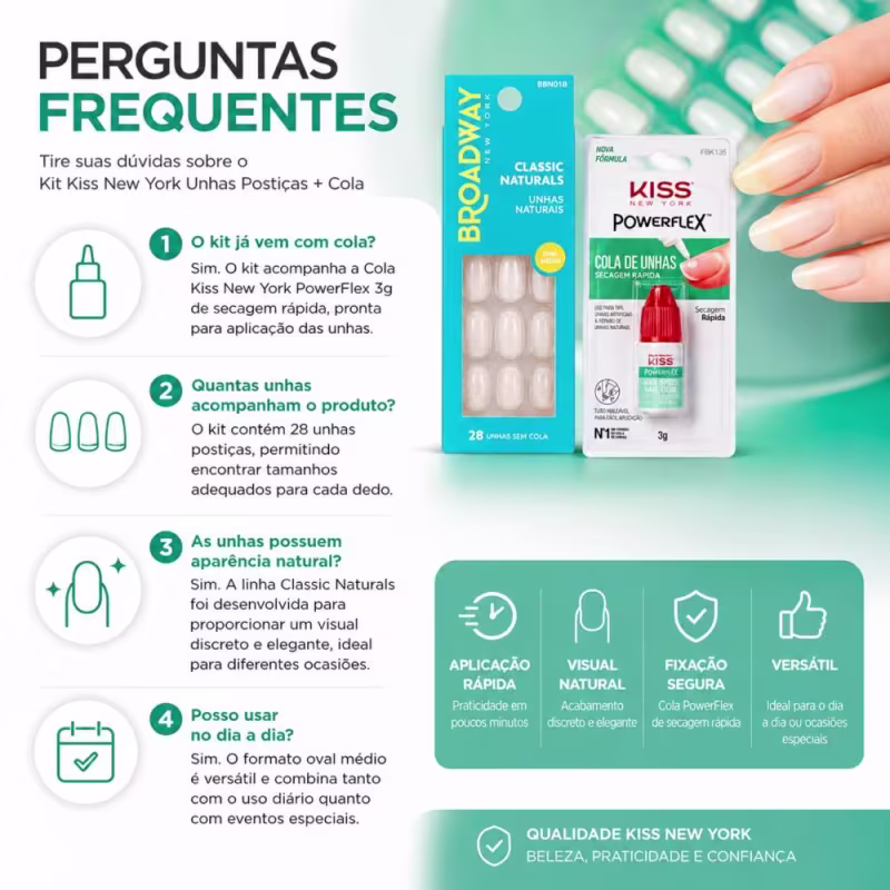 Kit Kiss New York: Unhas Postiças Oval Médio Freedom e Cola De Unhas 3g