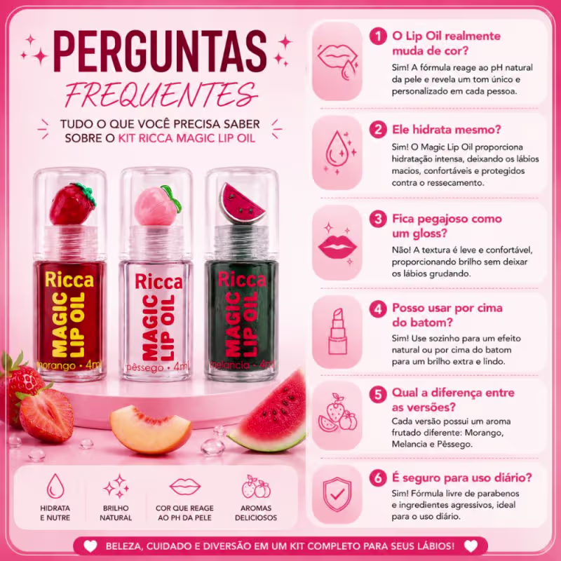 Kit Ricca Magic Lip Oil: Morango, Melancia e Pessego