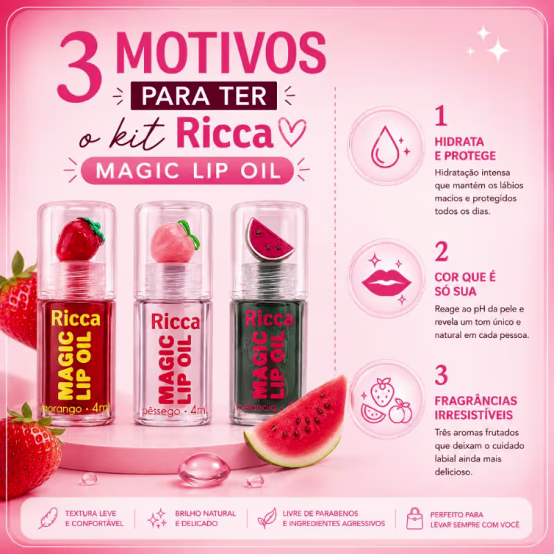 Kit Ricca Magic Lip Oil: Morango, Melancia e Pessego