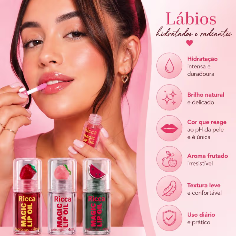 Kit Ricca Magic Lip Oil: Morango, Melancia e Pessego
