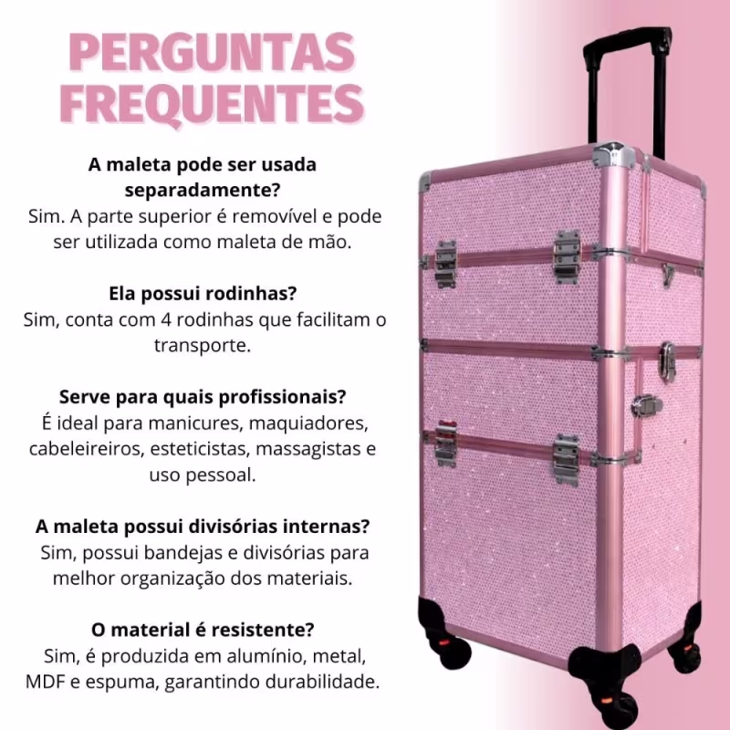 Maleta Carrinho 2 em 1 Klass Vough 2 Andares 4 Rodinhas Rosa com Brilho DB-913R