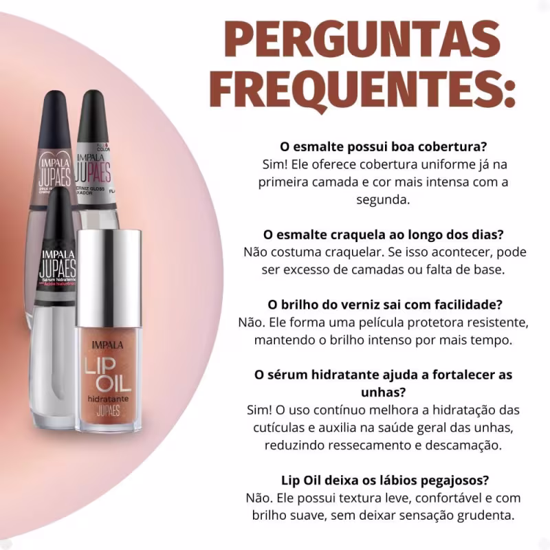 Kit Impala Ju Paes Virando O Jogo Peça Rara: Esmalte, Verniz Gloss, Sérum e Lip Oil