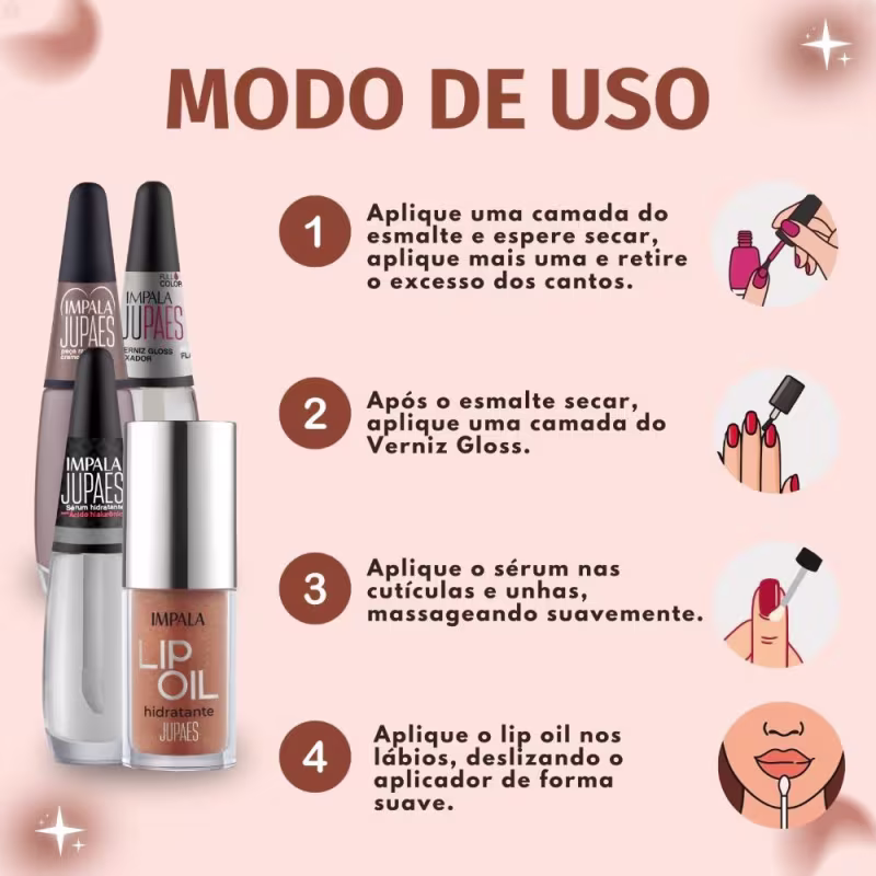 Kit Impala Ju Paes Virando O Jogo Peça Rara: Esmalte, Verniz Gloss, Sérum e Lip Oil