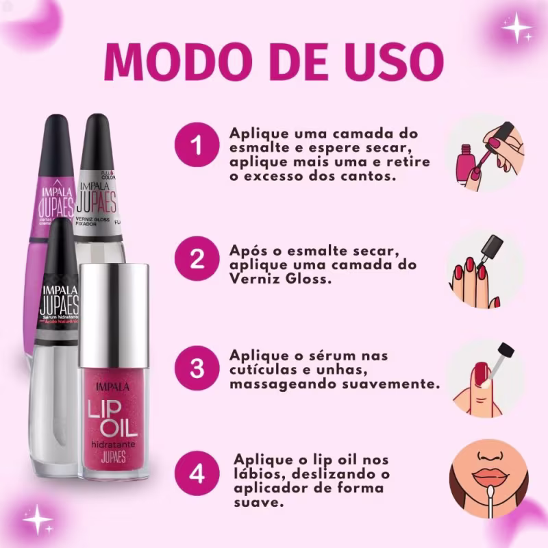 Kit Impala Ju Paes Virando O Jogo Cartas Na Manga: Esmalte, Verniz Gloss, Sérum e Lip Oil