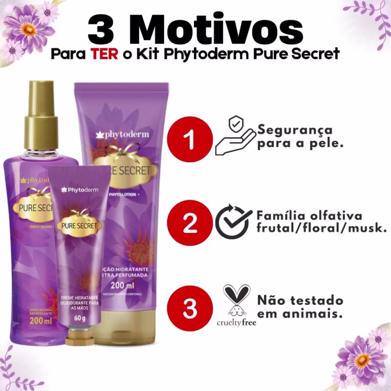 Kit Phytoderm Pure Secret: 1 Body Splash 200ml, 1 Hidratante 200ml e 1 Creme de Mãos 60g