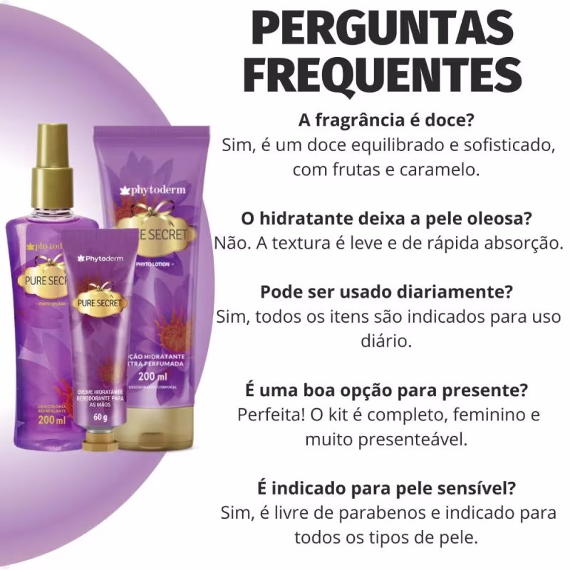 Kit Phytoderm Pure Secret: 1 Body Splash 200ml, 1 Hidratante 200ml e 1 Creme de Mãos 60g