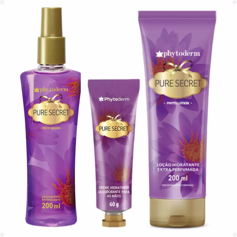 Kit Phytoderm Pure Secret: 1 Body Splash 200ml, 1 Hidratante 200ml e 1 Creme de Mãos 60g