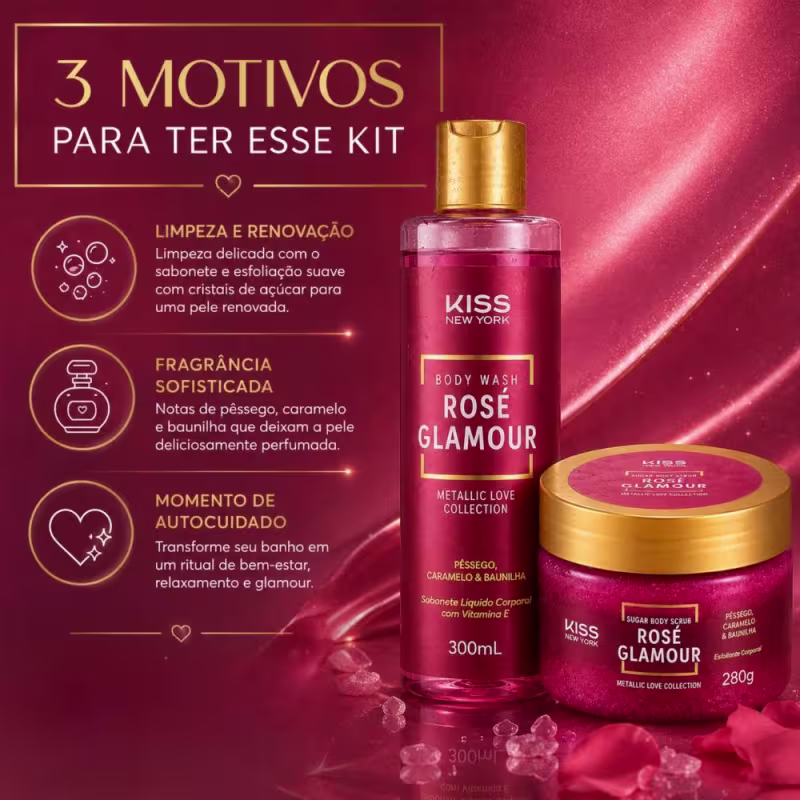 Kit Kiss New York Rosé Glamour: Sabonete Líquido 300ml e Esfoliante Corporal 280g