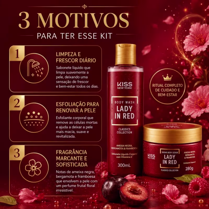 Kit Kiss New York Lady In Red: Sabonete Líquido 300ml e Esfoliante Corporal 280g