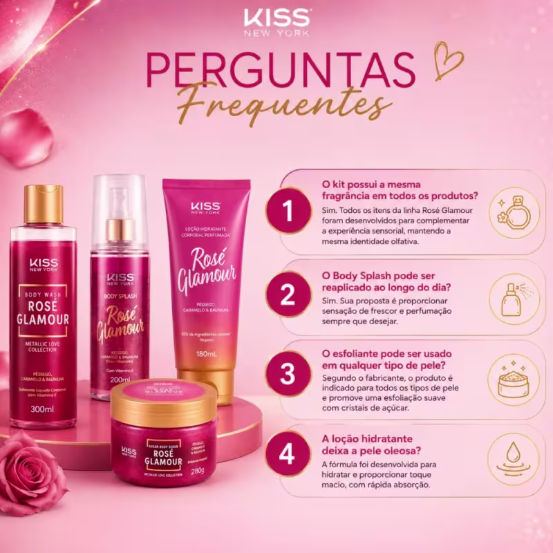 Kit Kiss New York Rosé Glamour: Sabonete Líquido 300ml, Esfoliante 280g, Body Splash 200ml e Loção Hidratante 180ml