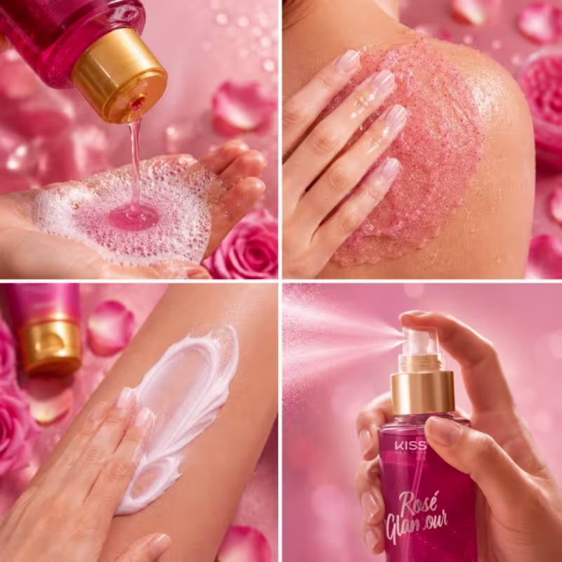 Kit Presente Kiss New York Rosé Glamour: Sabonete Líquido 300ml, Esfoliante 280g, Body Splash 200ml e Loção Hidratante 180ml