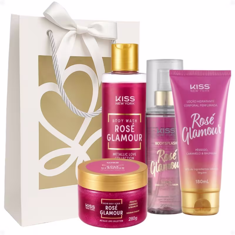 Kit Presente Kiss New York Rosé Glamour: Sabonete Líquido 300ml, Esfoliante 280g, Body Splash 200ml e Loção Hidratante 180ml