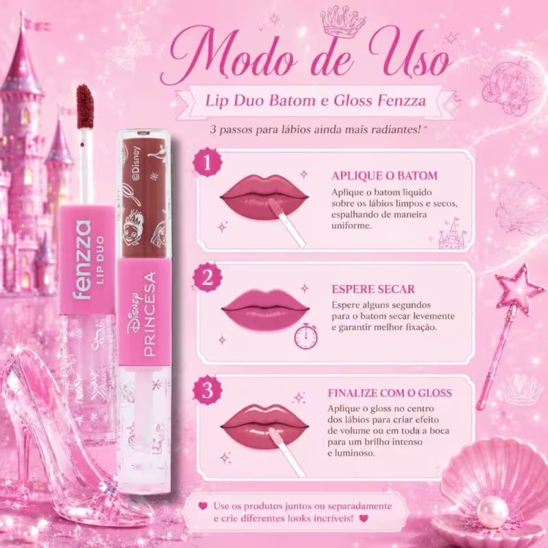 Lip Duo Batom e Gloss Fenzza Disney Princesa Velvet Spell Dis114