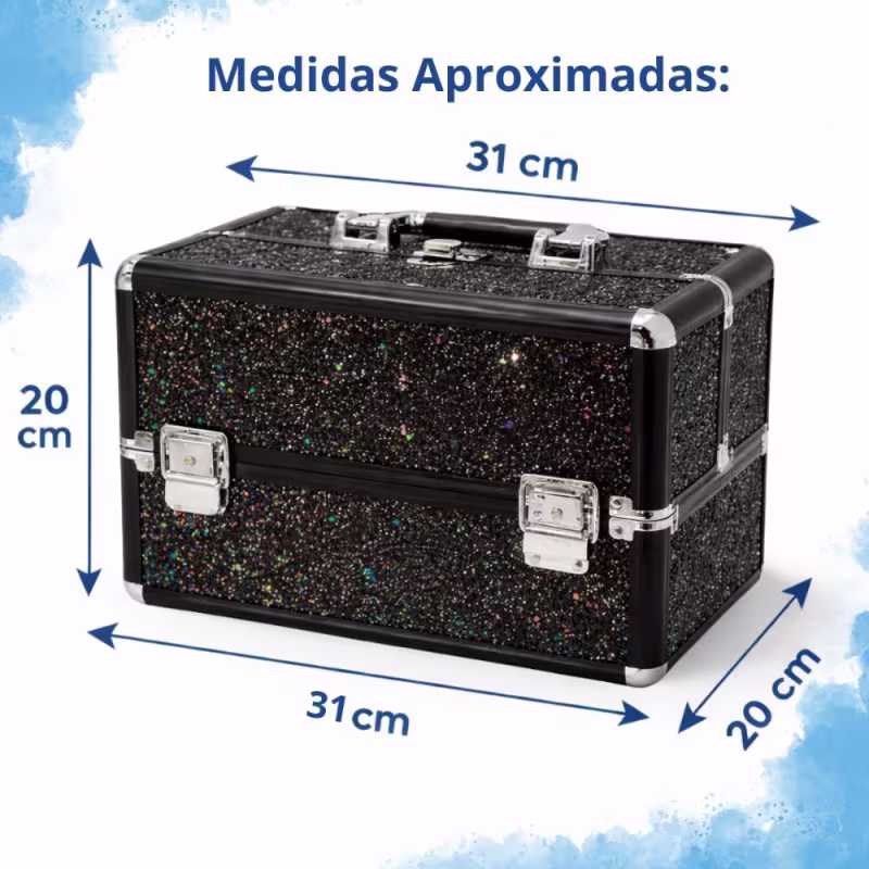 Maleta de Maquiagem Cisne Linha Shine Preto Glitter e Preto com 3 Bandejas Csn-5171b