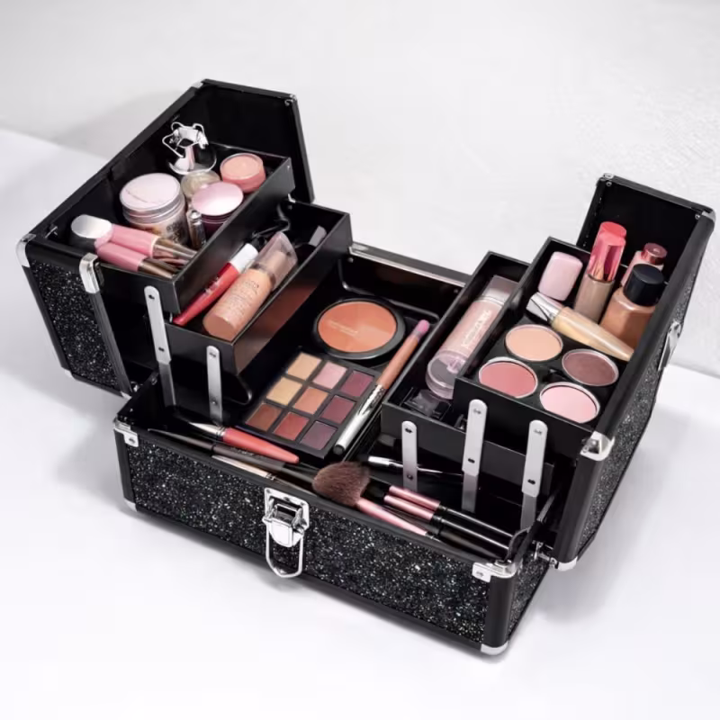 Maleta de Maquiagem Cisne Linha Shine Preto Glitter e Preto com 3 Bandejas Csn-5171b