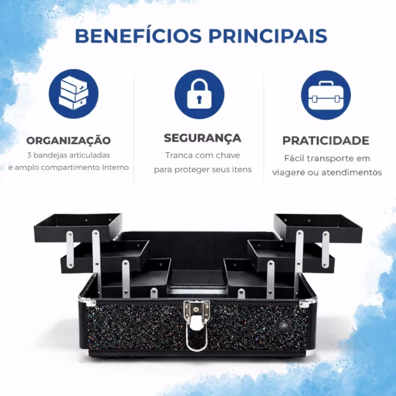 Maleta de Maquiagem Cisne Linha Shine Preto Glitter e Preto com 3 Bandejas Csn-5171b