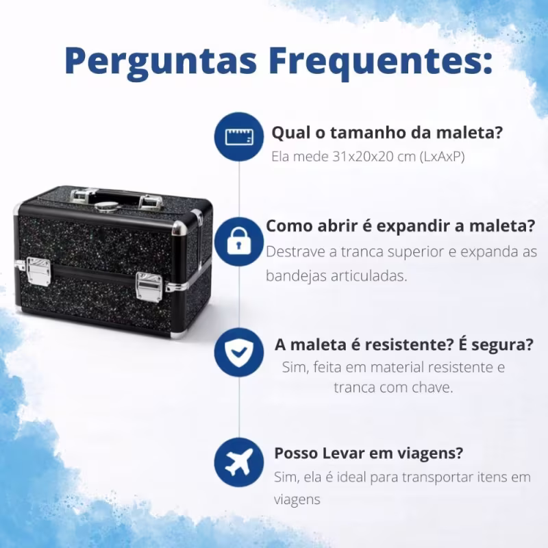 Maleta de Maquiagem Cisne Linha Shine Preto Glitter e Preto com 3 Bandejas Csn-5171b