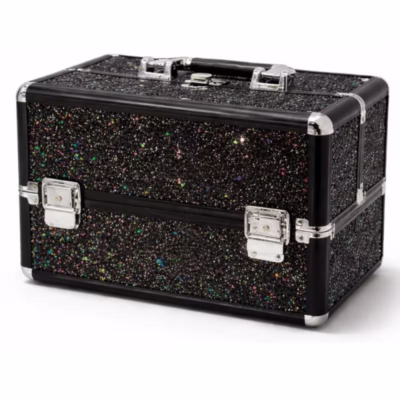 Maleta de Maquiagem Cisne Linha Shine Preto Glitter e Preto com 3 Bandejas Csn-5171b