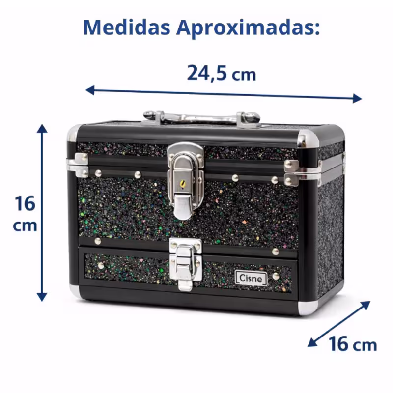 Maleta de Maquiagem Cisne Linha Shine Preto Glitter e Preto com 1 Bandeja e Gaveta Csn-5141b