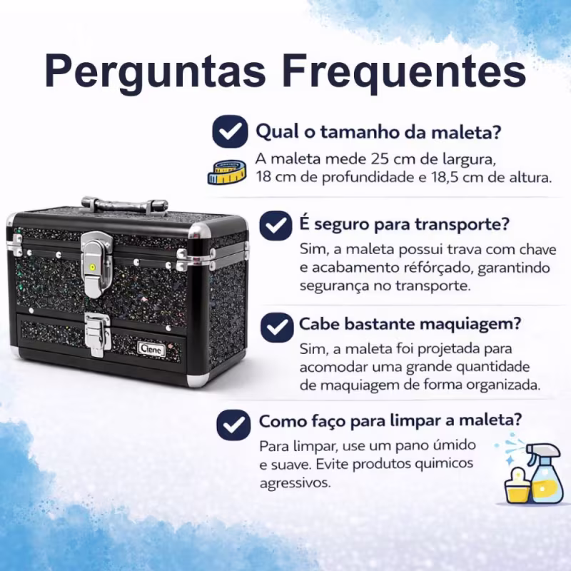 Maleta de Maquiagem Cisne Linha Shine Preto Glitter e Preto com 1 Bandeja e Gaveta Csn-5141b