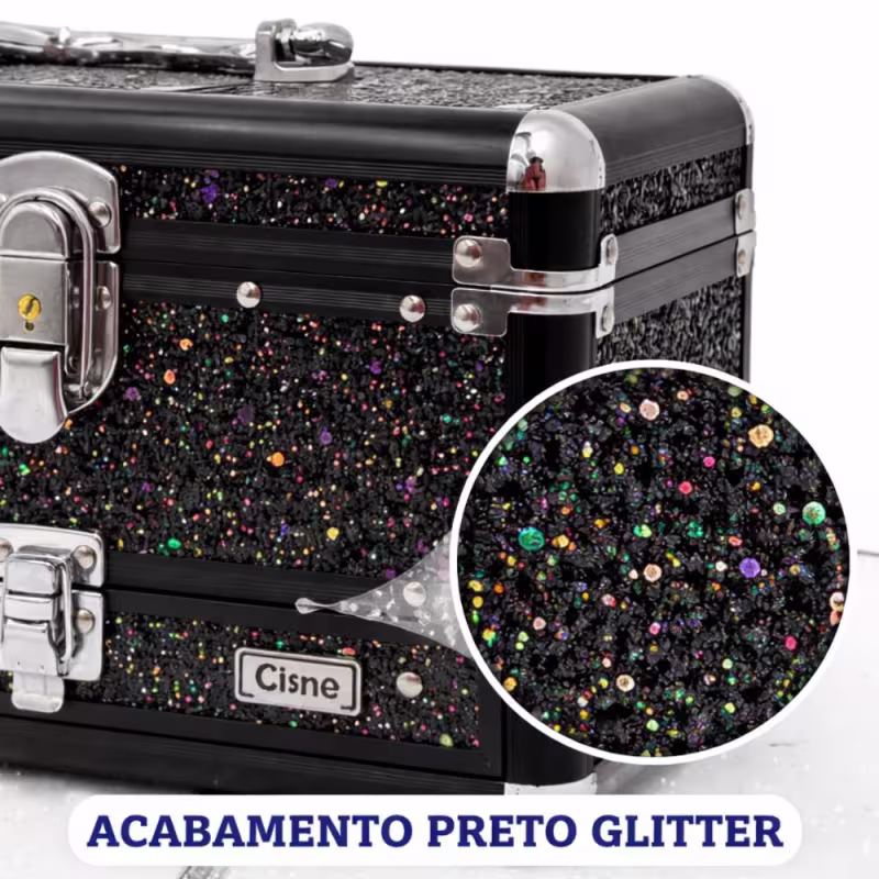 Maleta de Maquiagem Cisne Linha Shine Preto Glitter e Preto com 1 Bandeja e Gaveta Csn-5141b