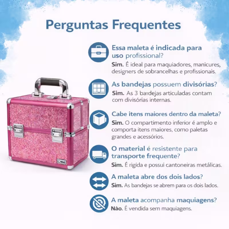Maleta de Maquiagem Cisne Linha Shine Pink Glitter e Rosa com 3 Bandeja com divisoria Csn 5192B
