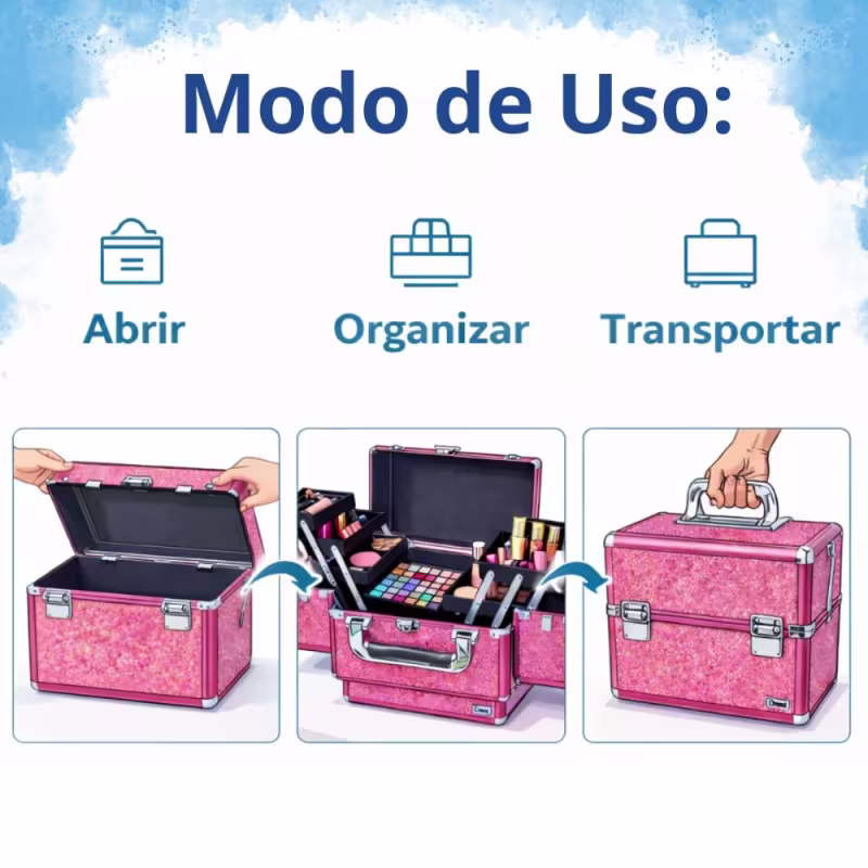 Maleta de Maquiagem Cisne Linha Shine Pink Glitter e Rosa com 3 Bandeja com divisoria Csn 5192B