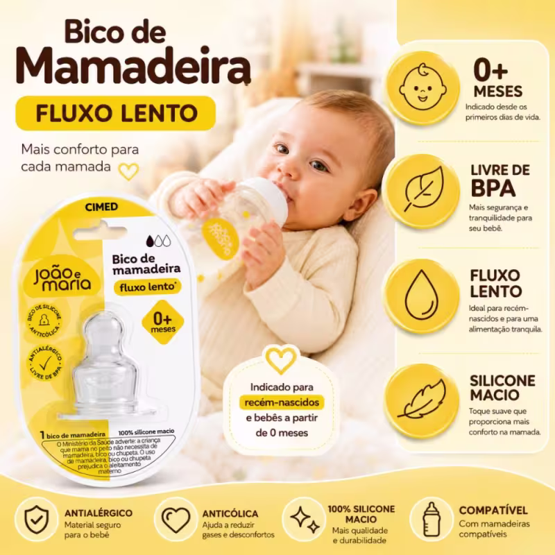 Bico de Silicone Para Mamadeira Cimed João e Maria Fluxo Lento 0+ Meses