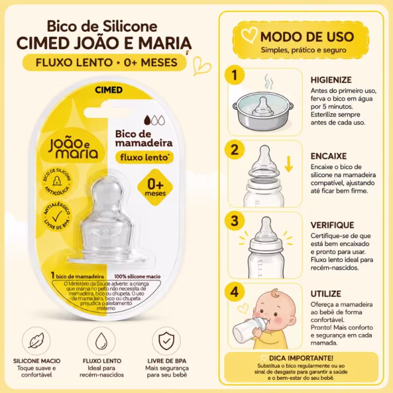 Bico de Silicone Para Mamadeira Cimed João e Maria Fluxo Lento 0+ Meses