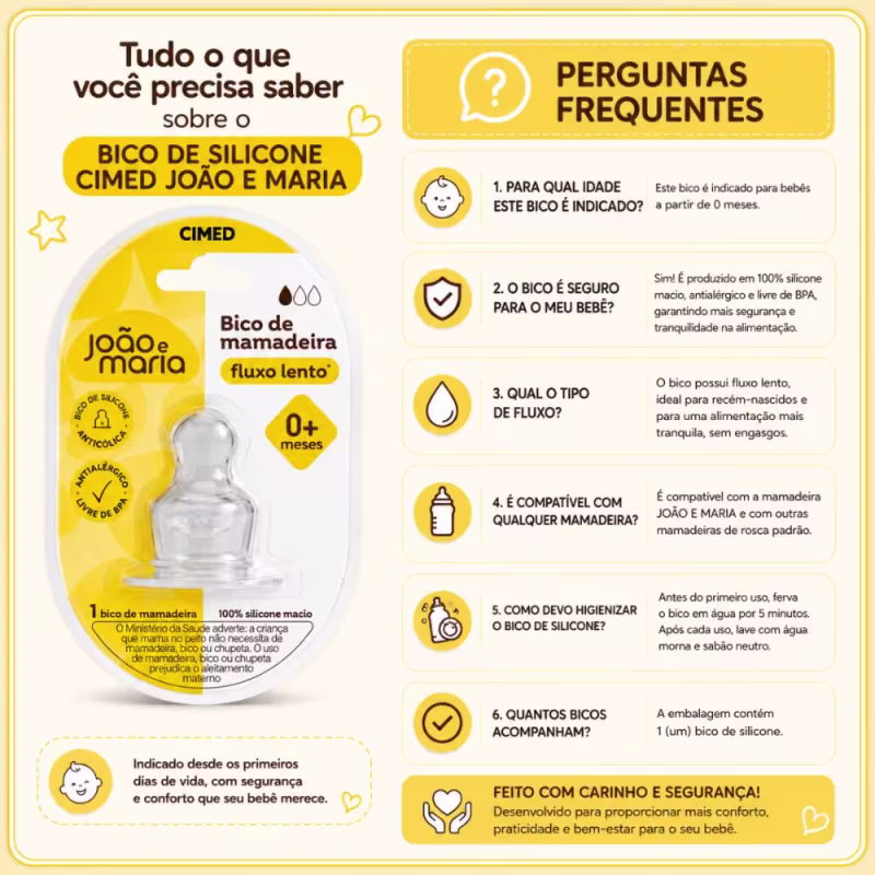 Bico de Silicone Para Mamadeira Cimed João e Maria Fluxo Lento 0+ Meses