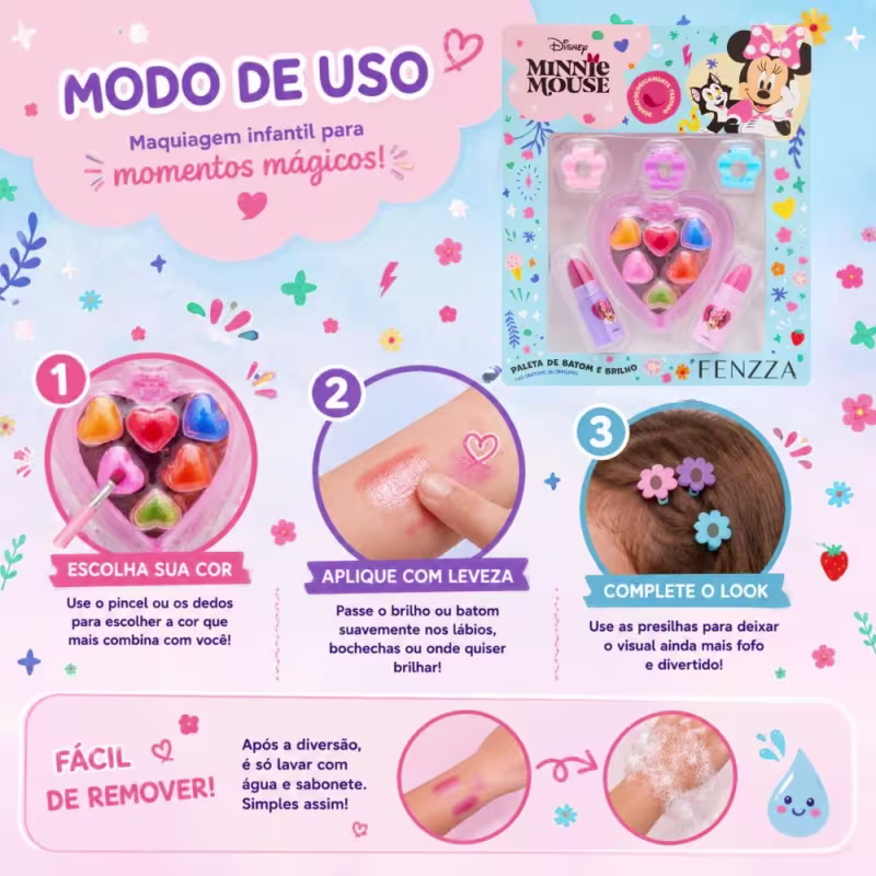 Kit De Maquiagem Infantil Fenzza Disney Minnie Mouse: Paleta de Brilho, Batom e Presilhas Dis044