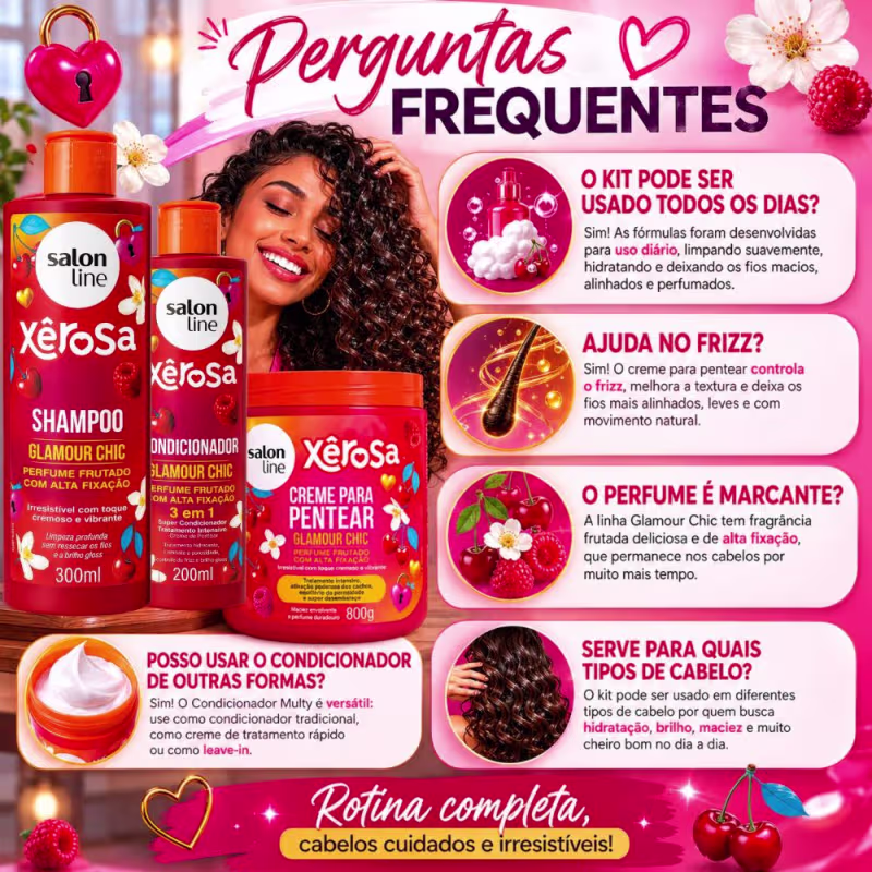 Kit Salon Line Xêrosa Glamour Chic: Shampoo 300ml e Condicionador Multy 200ml + Creme Para Pentear 800g