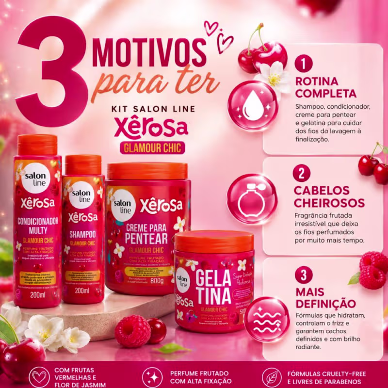 Kit Salon Line Xêrosa Glamour Chic: Shampoo 300ml, Condicionador Multy 200ml, Creme Para Pentear 800g e Gelatina Capilar 500g