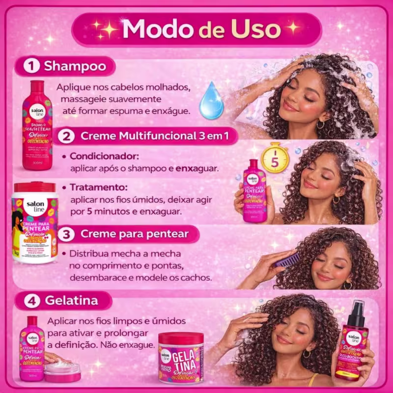 Kit Salon Line Definição Cachos Ostentação: Shampoo e Creme Multifuncional + Gelatina, Creme de Pentear 1Kg e Óleo Booster