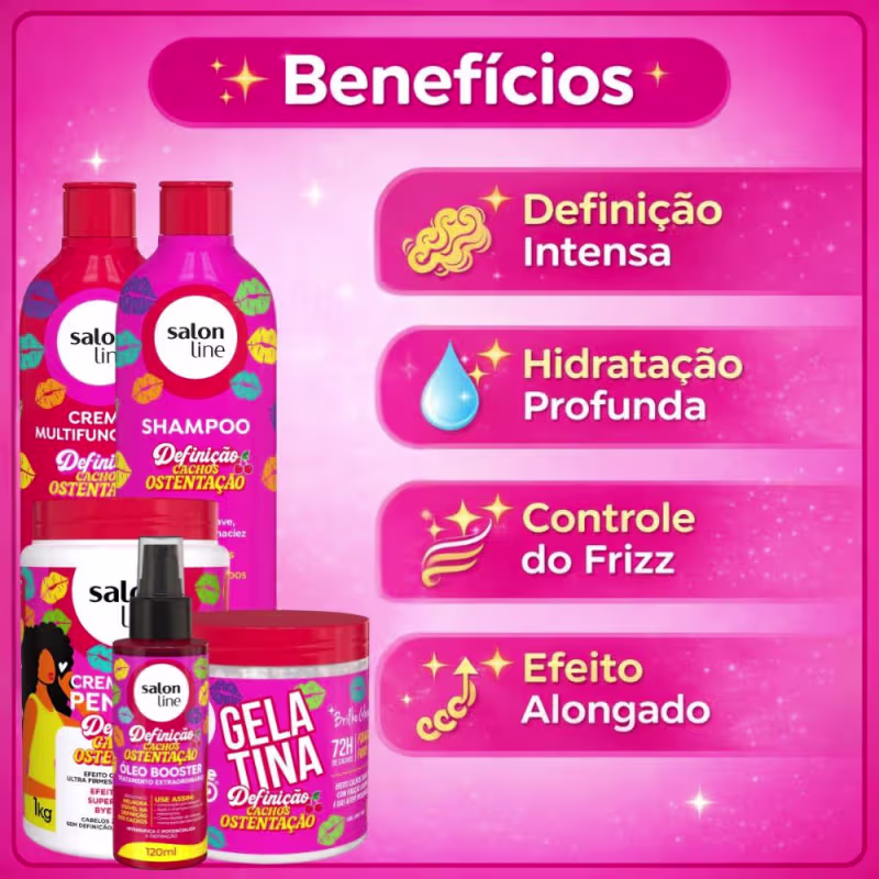 Kit Salon Line Definição Cachos Ostentação: Shampoo e Creme Multifuncional + Gelatina, Creme de Pentear 1Kg e Óleo Booster