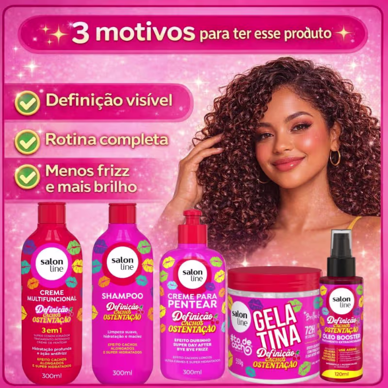 Kit Salon Line Definição Cachos Ostentação: Shampoo e Creme Multifuncional + Gelatina, Creme de Pentear 300ml e Óleo Booster