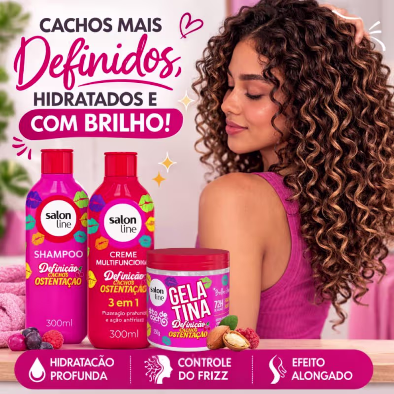 Kit Salon Line Definição Cachos Ostentação: Shampoo e Creme Multifuncional + Gelatina 550g