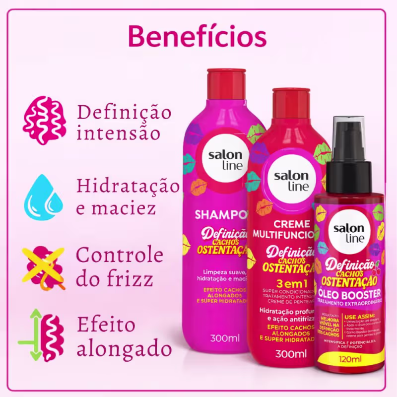 Kit Salon Line Definição Cachos Ostentação: Shampoo e Creme Multifuncional + Óleo Booster